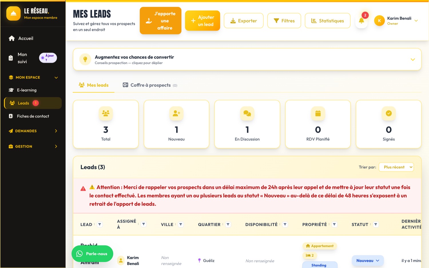 Le CRM de leads du membre
