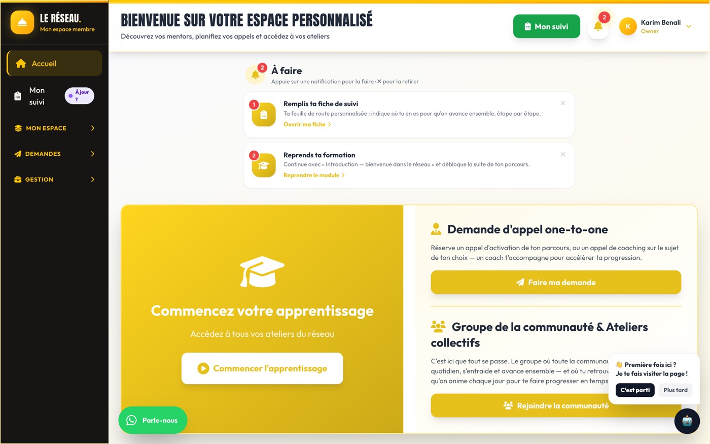 L'accueil de l'espace membre